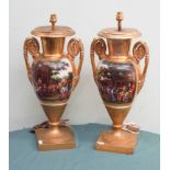Pair of large gilt picture panel two handled vases,