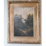 Late 19th century gilt framed oil on canvas painting depicting girl on a wooded pathway,