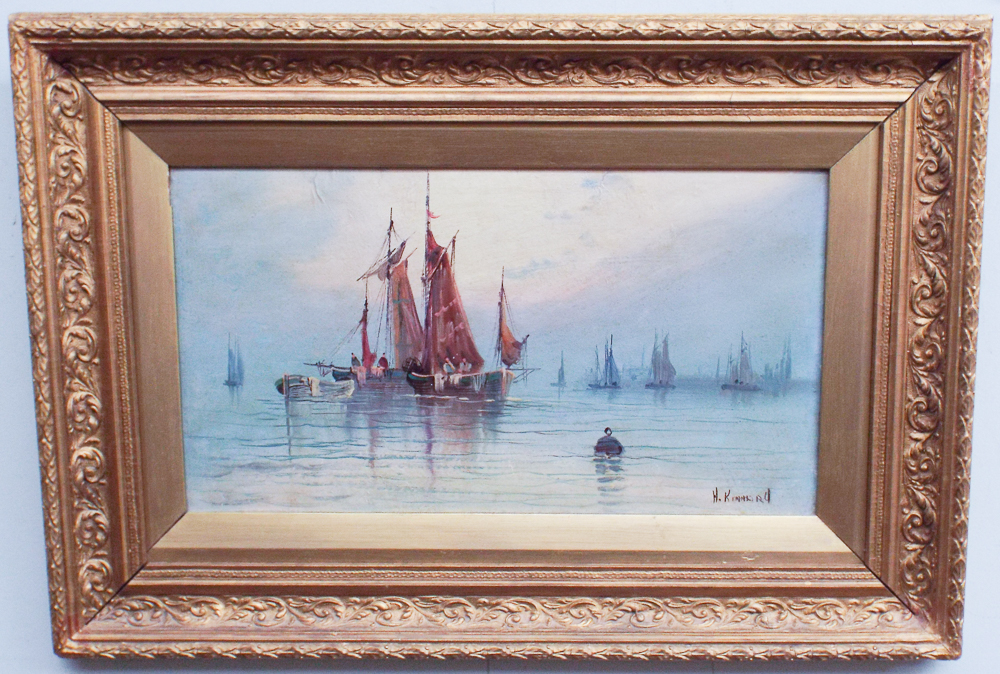 Pair of oil on board marine scenes indistinctly signed Ferguson? in gilt frames. - Image 2 of 4