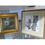 Print of a mouse by Jane Pinkney and a small oil painting of a country scene