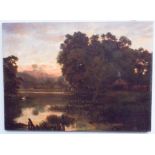 Oil on canvas painting of lake scene with swans in the distance. Unsigned.