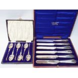 Set of six apostle ended coffee spoons in fitted case and set of 6 silver handled pastry knives in