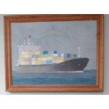 Oil on canvas of container Tanker by Stuart Beck 24 x 17"