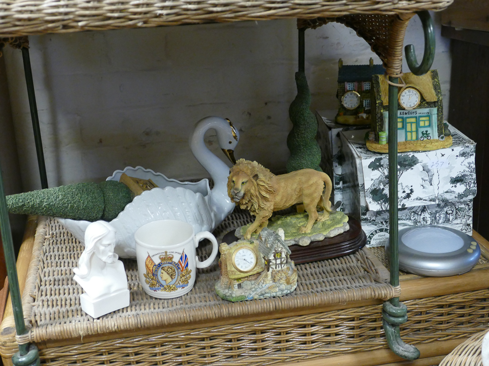 Various clock cottage ornaments, figure, Staffordshire dog, commemorative mugs,