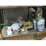 Various clock cottage ornaments, figure, Staffordshire dog, commemorative mugs,