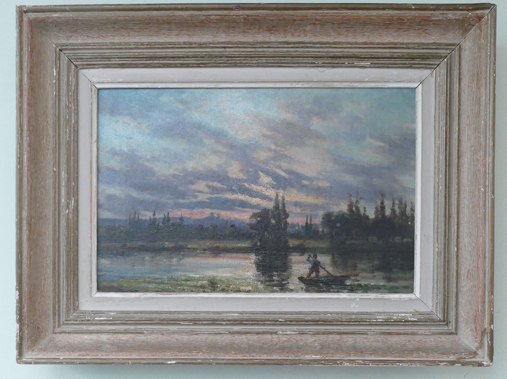 19th century framed oil on canvas painting depicting a sunset with a man punting approx 11 x 15"