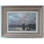 19th century framed oil on canvas painting depicting a sunset with a man punting approx 11 x 15"