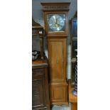 Reproduction striking grandfather clock in pale inlaid mahogany case with brass and silvered dial