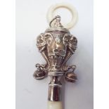 1930s silver and mother of pearl novelty childs teething ring rattle,