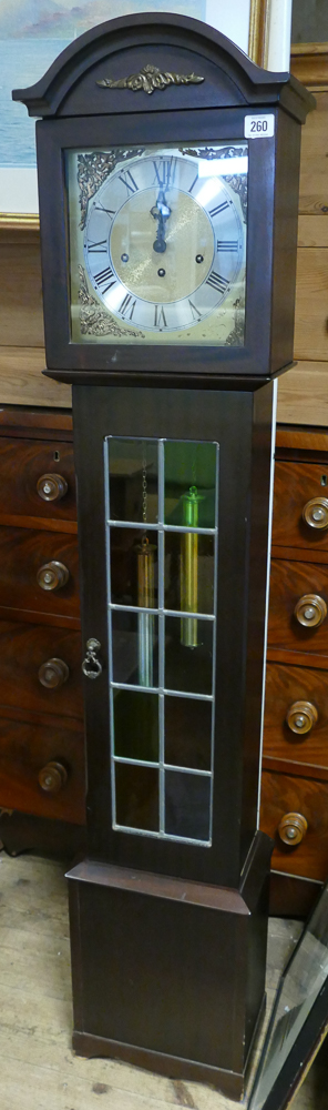 Chiming reproduction grandmother clock with silver and brass dial