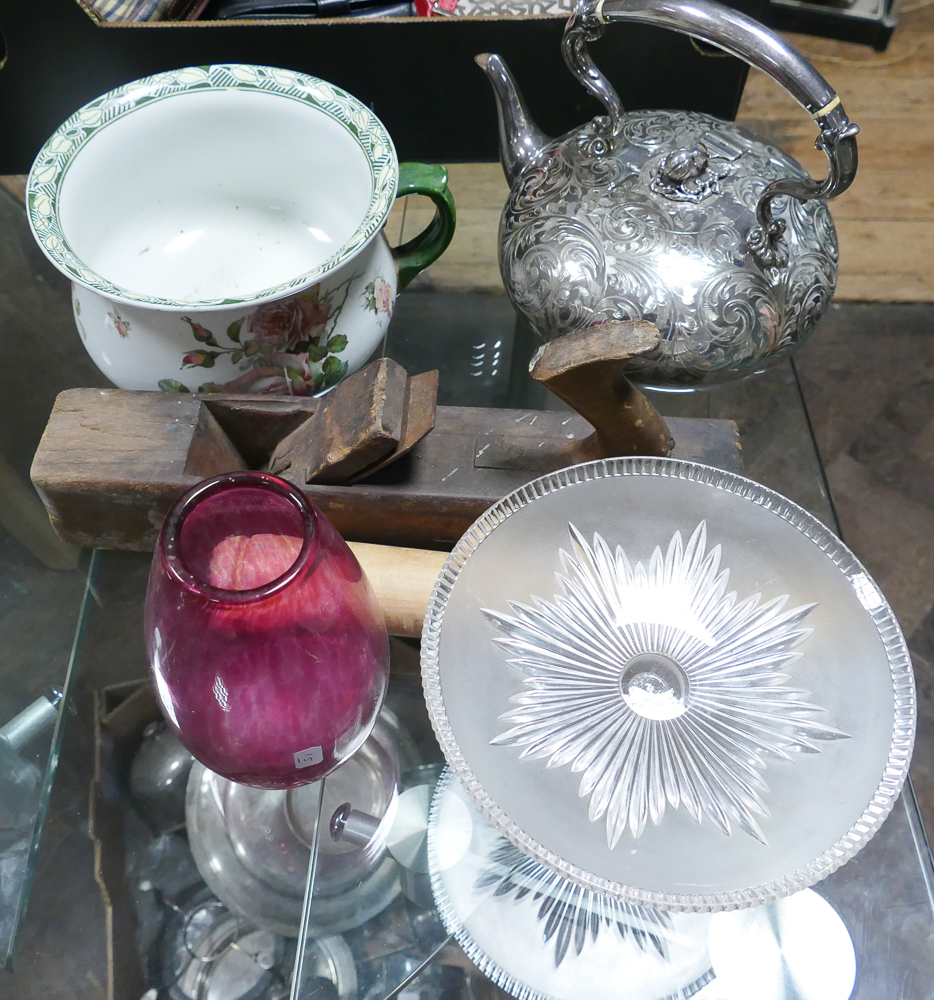 Silver plated embossed kettle, chamber pot, red glass vase, cake stand,