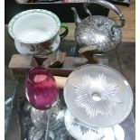 Silver plated embossed kettle, chamber pot, red glass vase, cake stand,