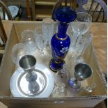 Various wine glasses, Bohemian blue glass vase, brandy balloons, glass bells etc.