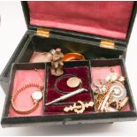 Victorian leather jewellery box and contents to include Victorian gilt metal bangle,