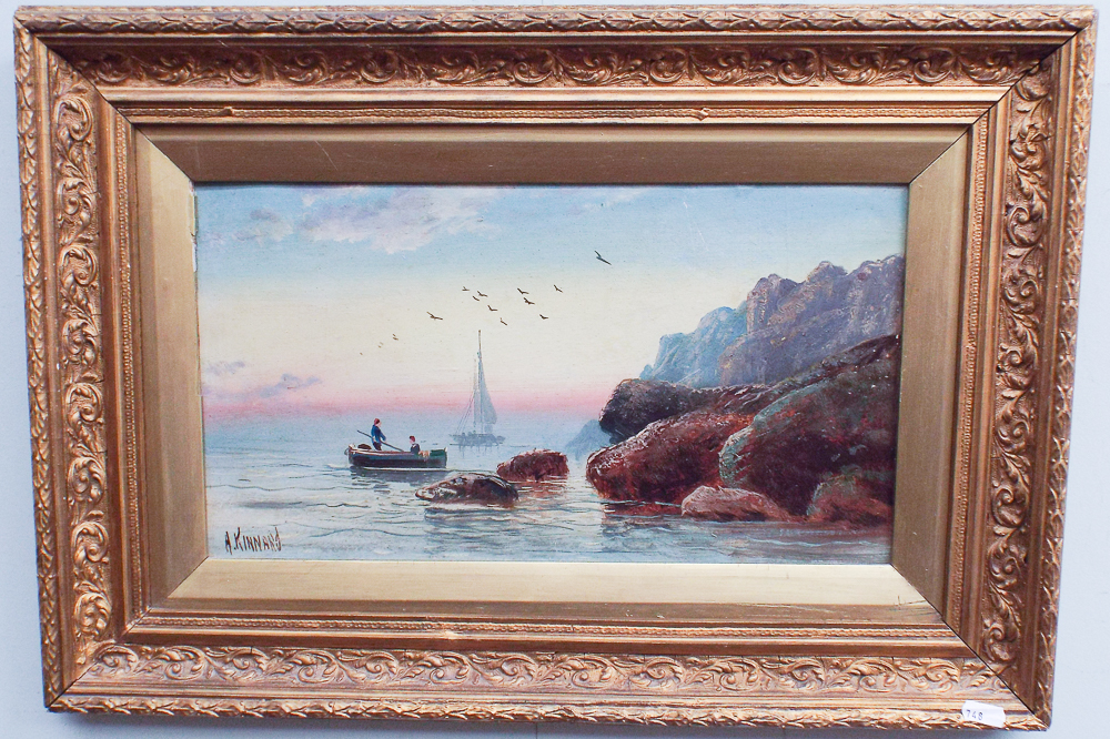 Pair of oil on board marine scenes indistinctly signed Ferguson? in gilt frames. - Image 3 of 4