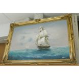 Oil painting of sailing ship in gilt frame