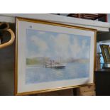 Large framed coloured print of a paddlesteamer