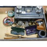 Wooden ink stand, pieces of cloisonne, glove stretchers, inkwell etc.