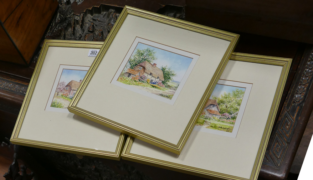 Three modern watercolours by John Dimech of country cottages,