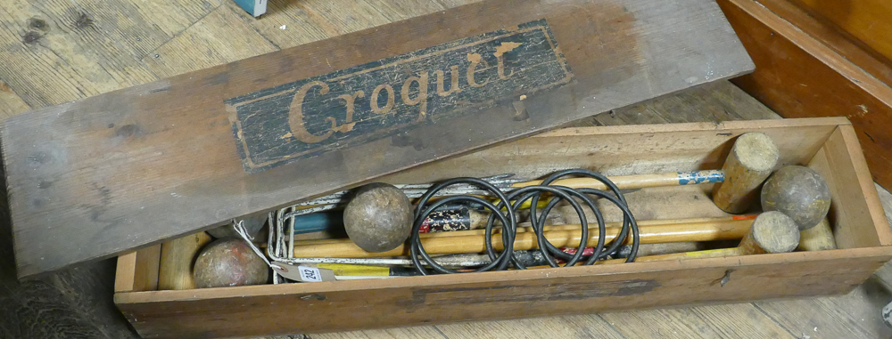 Childs old croquet set in wooden box