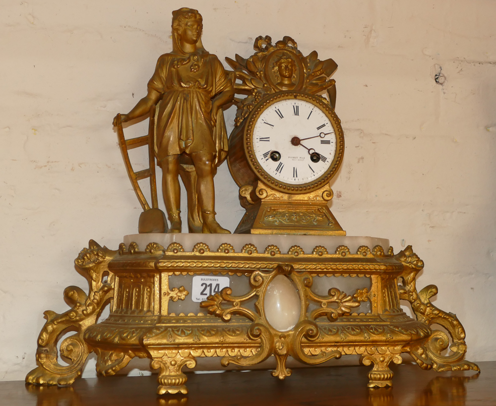 French white marble marble and gilt figure mounted striking mantel clock (back legs missing)