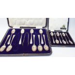 Cased set of hallmarked silver coffee spoons and 9 silver teaspoons plus a pair of matching sugar