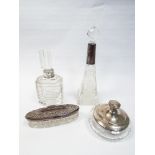 Art deco style cut glass scent bottle with silver collar and other dressing table jars,