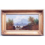 Oil on canvas painting of man fishing by a waterfall in a Highland setting. Unsigned.