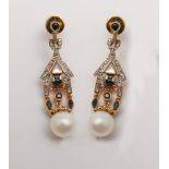 Pair of Art Deco style 18ct gold sapphire, pearl and diamond drop earrings, with pierced posts,