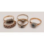 Five assorted 9ct gold gem set rings