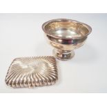 Hallmarked circular sugar basin on pedestal foot and an embossed silver cigarette case,