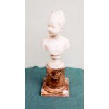 19th century white marble bust of young lady standing on coloured marble base 17" high