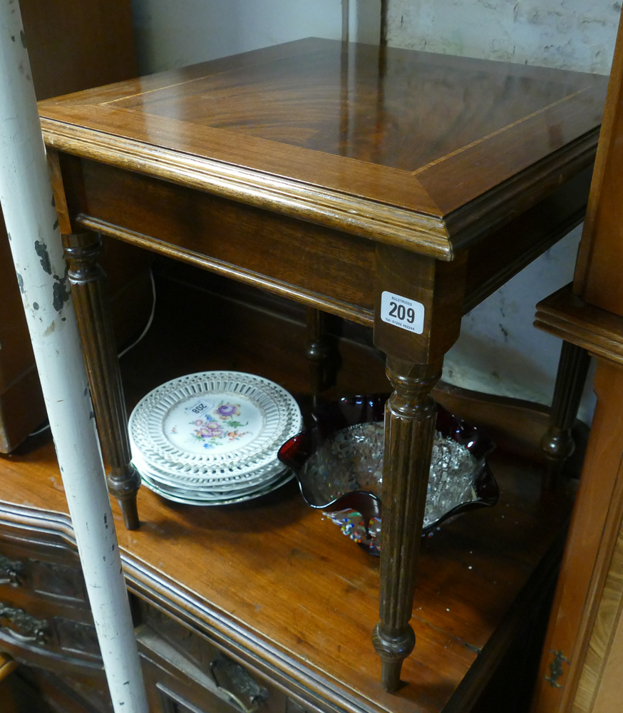 Square reproduction inlaid mahogany coffee table on reeded legs