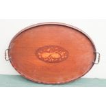 Edwardian oval inlaid mahogany 2 handled tray