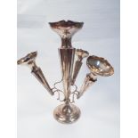 Art nouveau style silver 3 trumpet epergne with detachable trumpets, Chester hallmarks (worn).