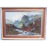 F E Jamieson oil on canvas of a highland scene with stream in the foreground and mill hidden in the