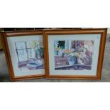 Pair of large floral prints in pine frames