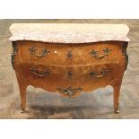 French bombe fronted 2 drawer marquetry inlaid kingwood commode with rouge patterned marble top and