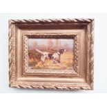 Pair of gilt framed small oil on canvas paintings depicting Pointer dogs signed Hartigau in gilt
