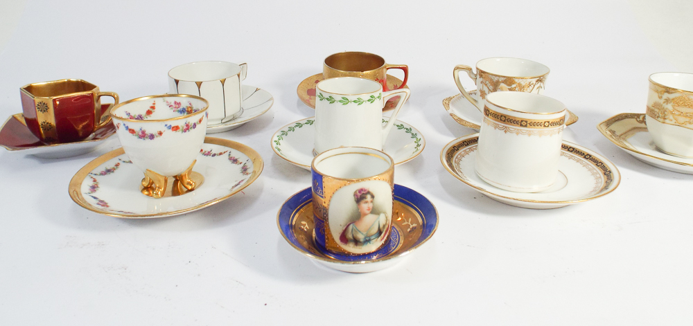 Collection of 9 porcelain cabinet cups and saucers to include Vienna porcelain cabinet cup