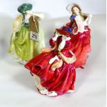 Three various Royal Doulton lady figures 'Buttercup' HN2309 'Autumn Breezes' HN1934 and 'Top of the