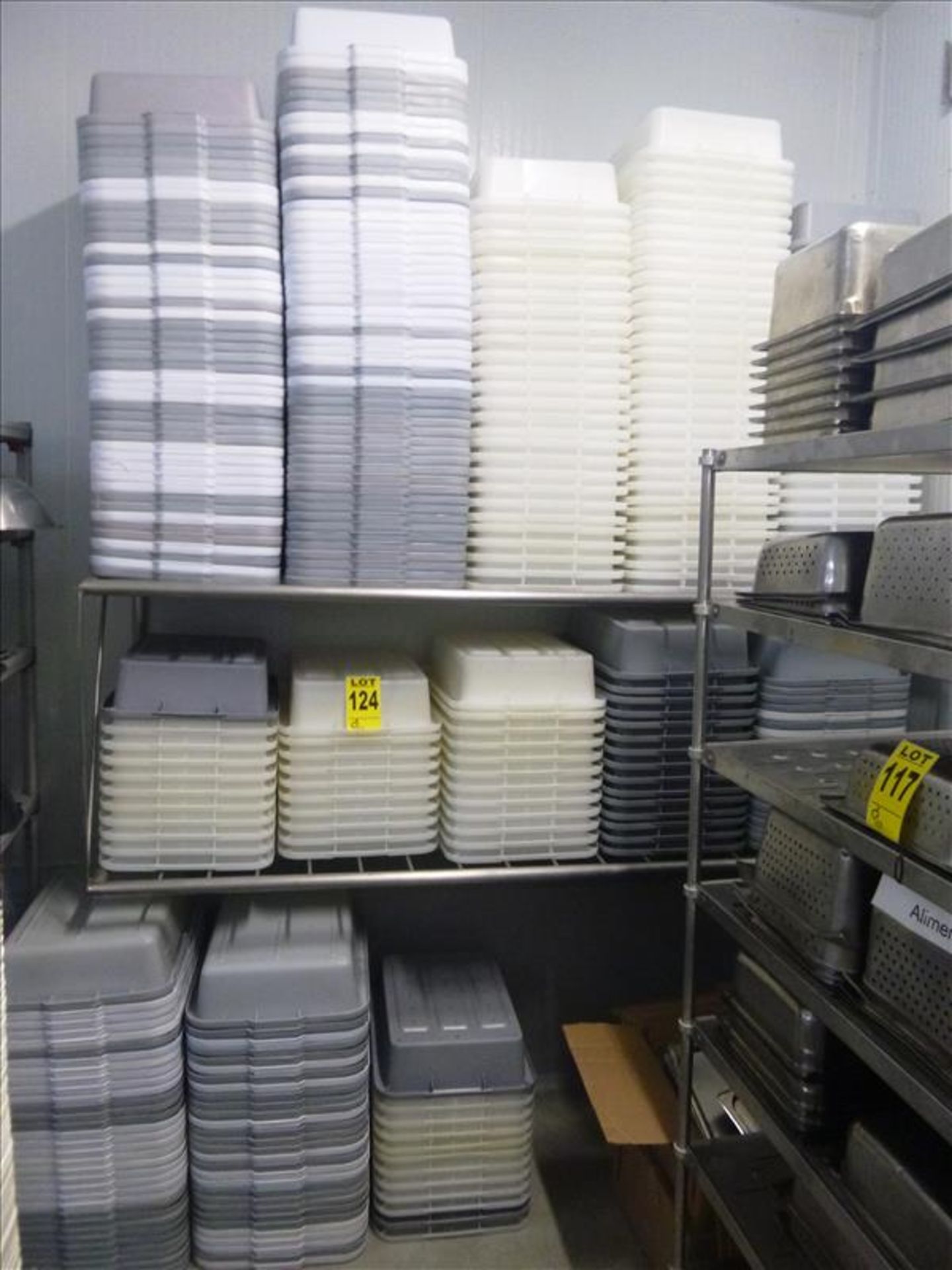 large qty. of grey & white plastic bus tubs