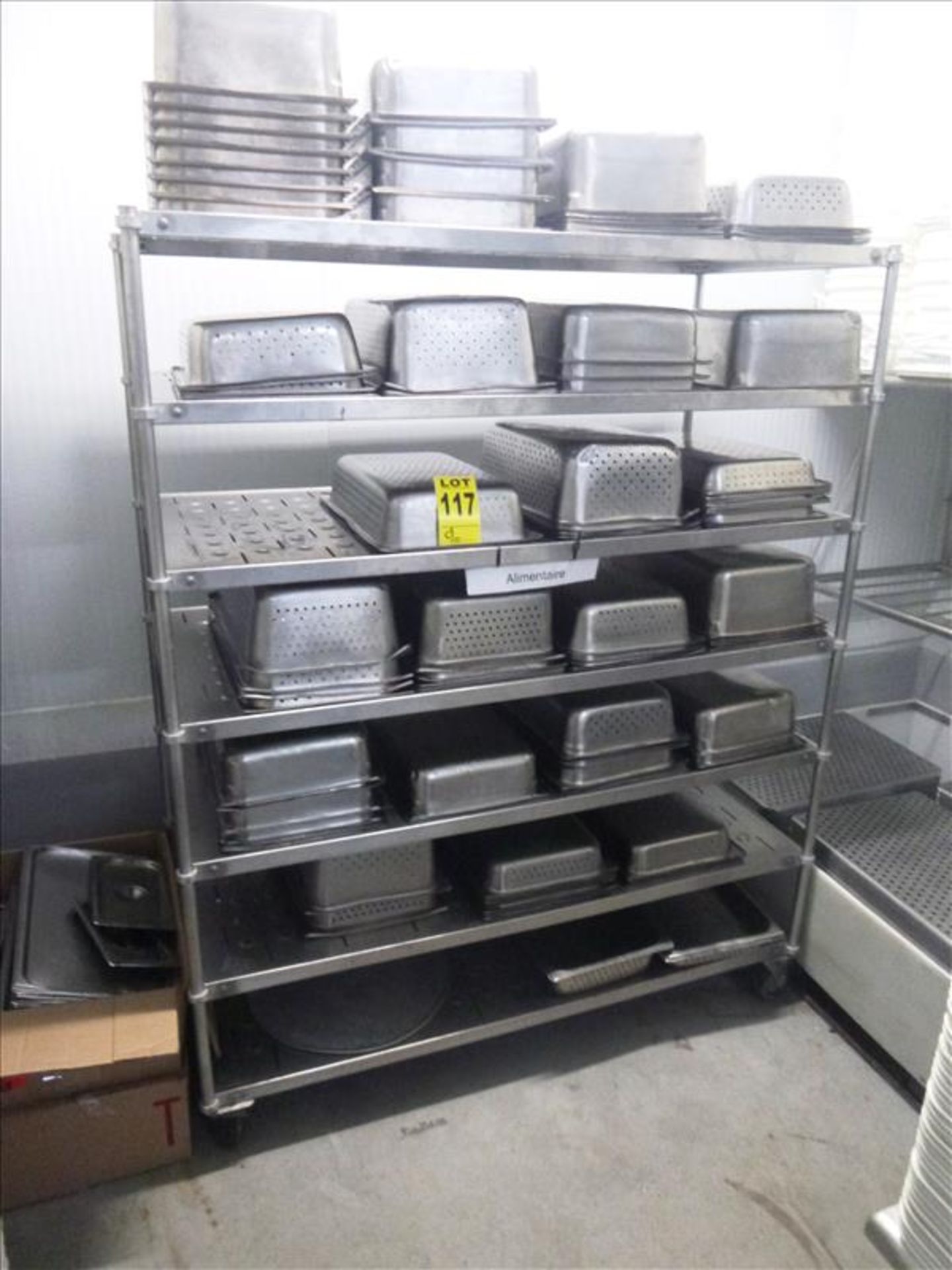 assorted s/s baking tins c/w s/s shelf on casters