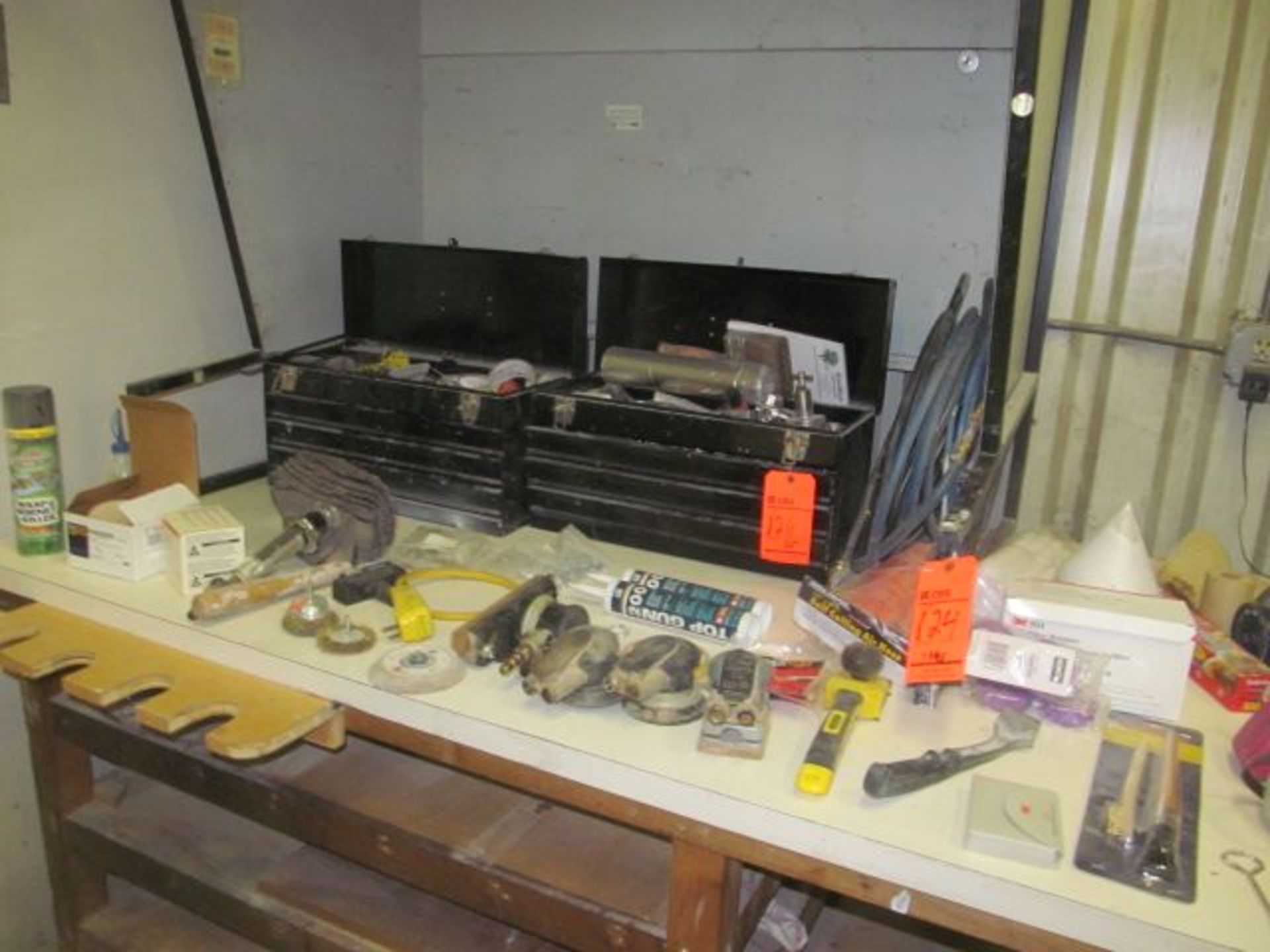 Lot ass't pneumatic tools, (2) tool boxes, respirators, filters, sand paper, 3M dispenser, oil cans,