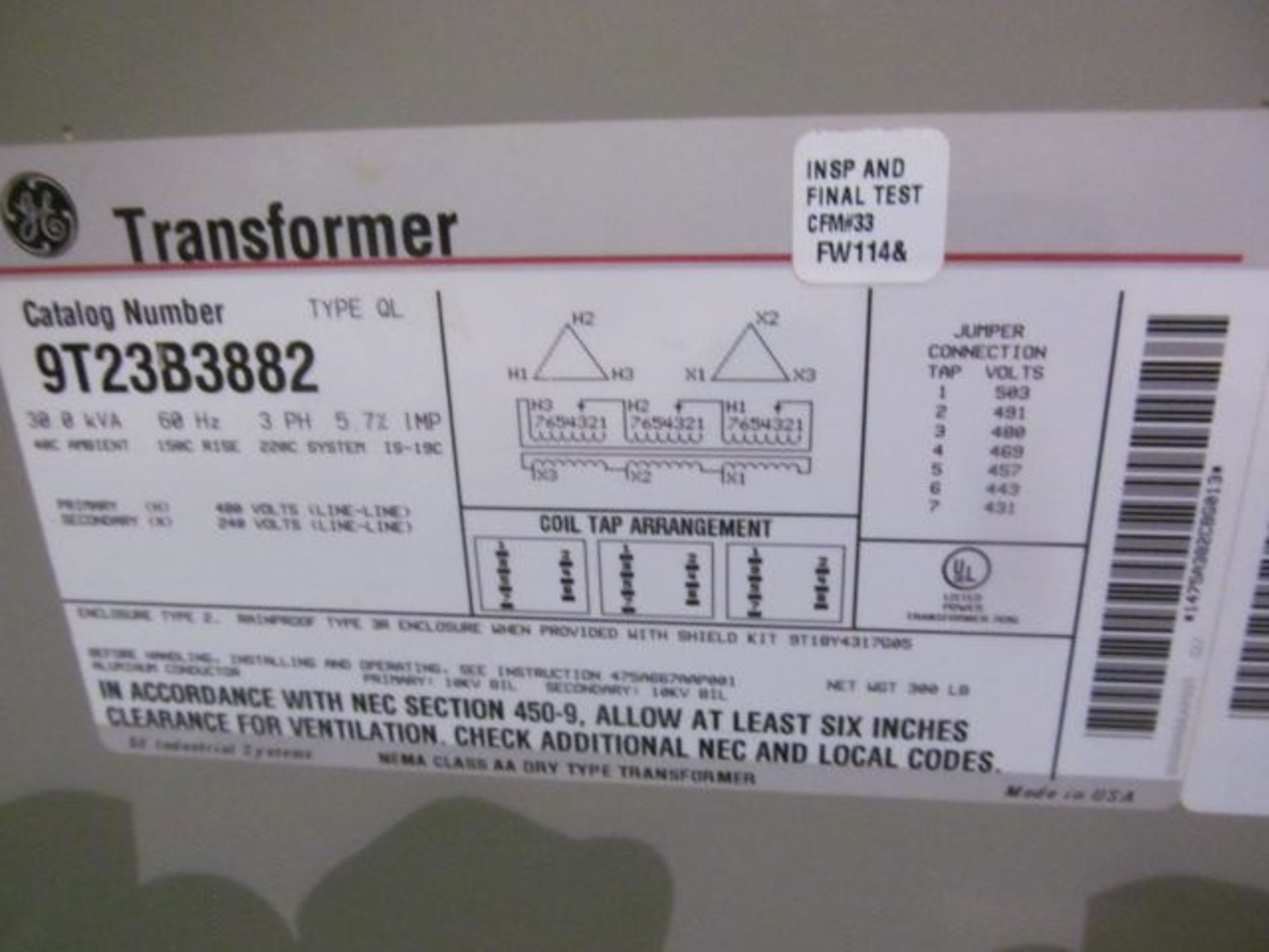 GE transformer, Catalog# 9T23B3882, 30.0 kva, 60 Hz, 3 PH, 5.7 percent IMP, 40c ambiet, 150c rise, - Image 2 of 2