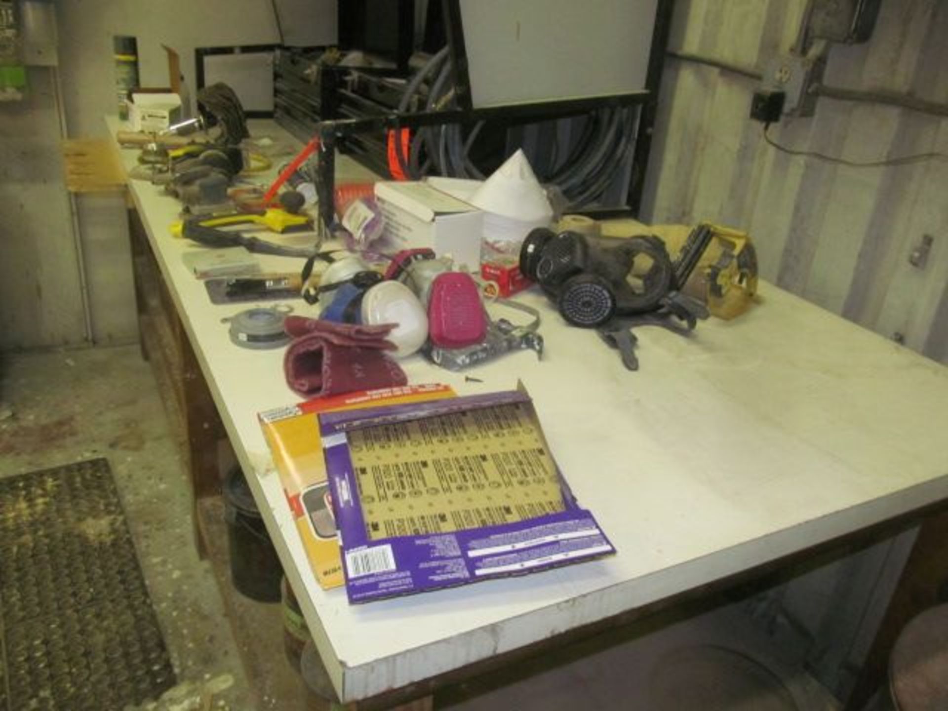 Lot ass't pneumatic tools, (2) tool boxes, respirators, filters, sand paper, 3M dispenser, oil cans, - Image 2 of 3