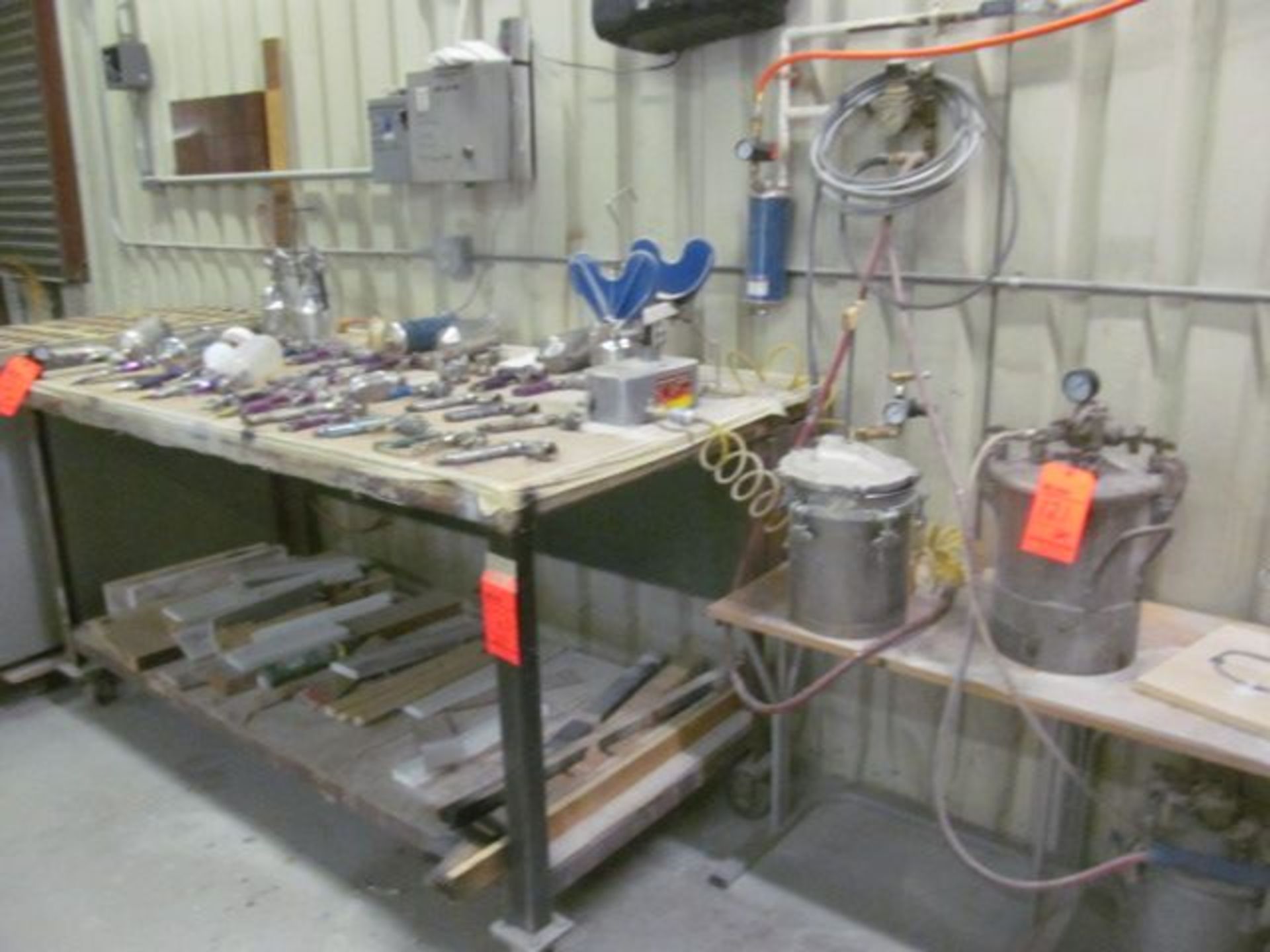 Lot ass't paint/varnish spray guns, pressure pot and accessories etc.