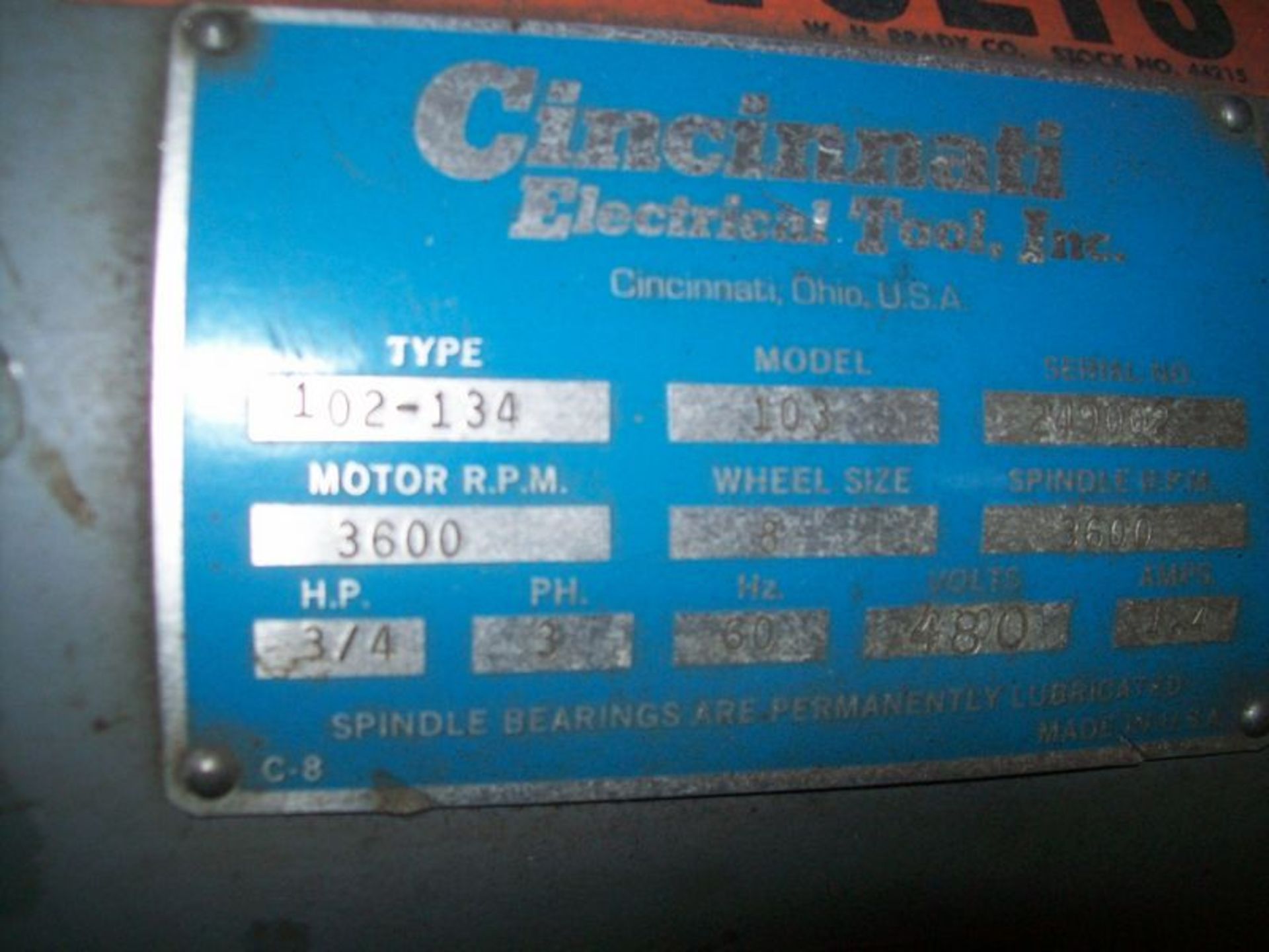 Cincinnati 6" double end pedestal grinder, M/N 103, 3/4 HP, 3 PH, 480 V - Image 2 of 2