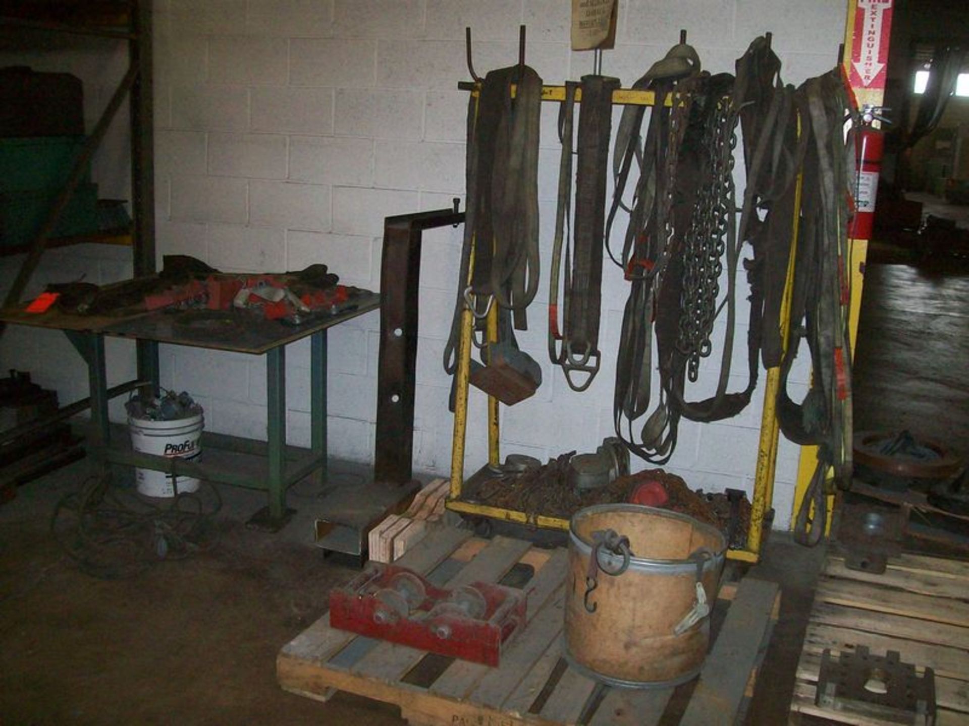Lot ass't rigging accessories includes nylon slings, steel slings, (4) chainfalls, chains, etc.
