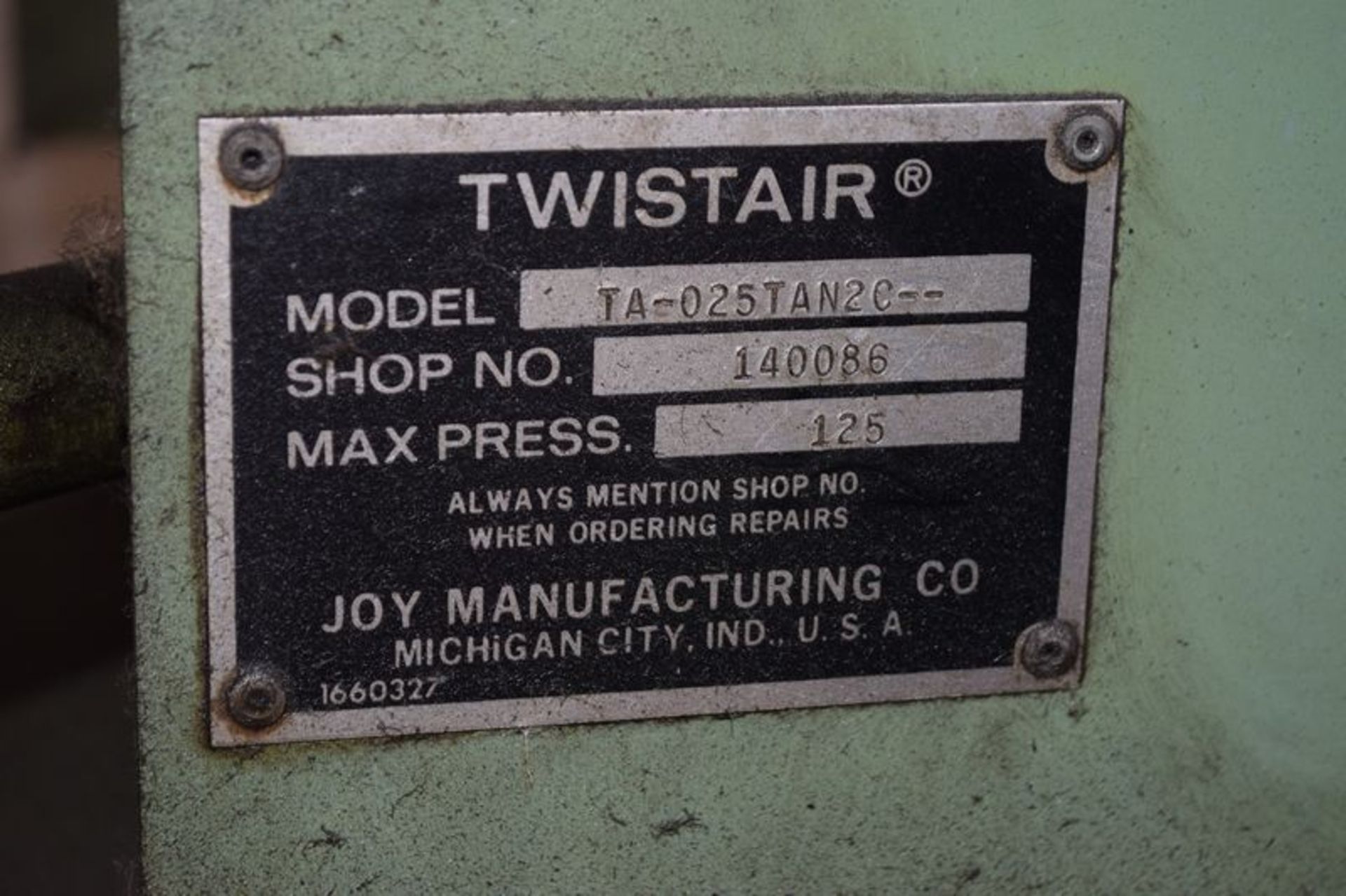 Joy Twistair Tank Mounted Compressor, Model TA-025TAN2C. 125psi, Driven by a 25hp motor. Serial# - Image 4 of 6